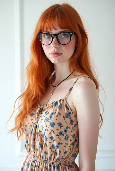    full body photo beautiful red-haired Caucasian European woman,  ( innocent:1.4), , iPhone XMax photo  ,, (  wearing a short floral dress and nerd glasses  :1.4) ,  white background ,  large round breasts ,  freckles , gothic style  innocent  nerd girl, ...