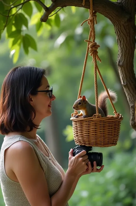 Une femme brune de 58 ans cheveux mi long avec des lunettes yeux noirs qui photographie un écureuil dans un panier accroché à une branche