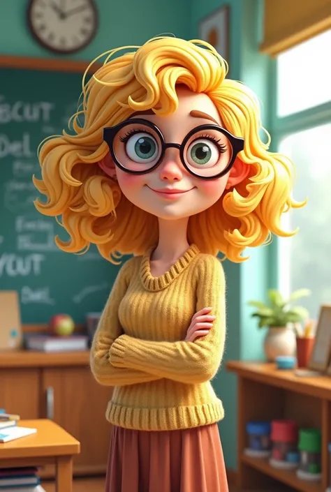  Make a cartoon of a blonde teacher with curlers, long hair lenses 
