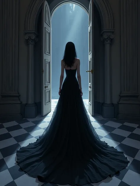  realistic illustrated image , long jet black hair,SAPPHIRE BLUE EYES,pale white skin tone,good body,Wear a very beautiful and super long black strapless wedding dress,profile from behind,23 years old,entering a church at night ,arte digital