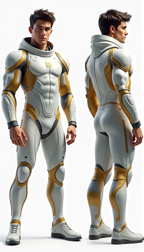 Create a hyper-realistic full-body image of a 22-year-old human male pilot, Connor O’Brien, in the Milky Way Union spacesuit. He has a strong, athletic build, with broad shoulders and well-defined muscles, reflecting years of intense physical training. His...