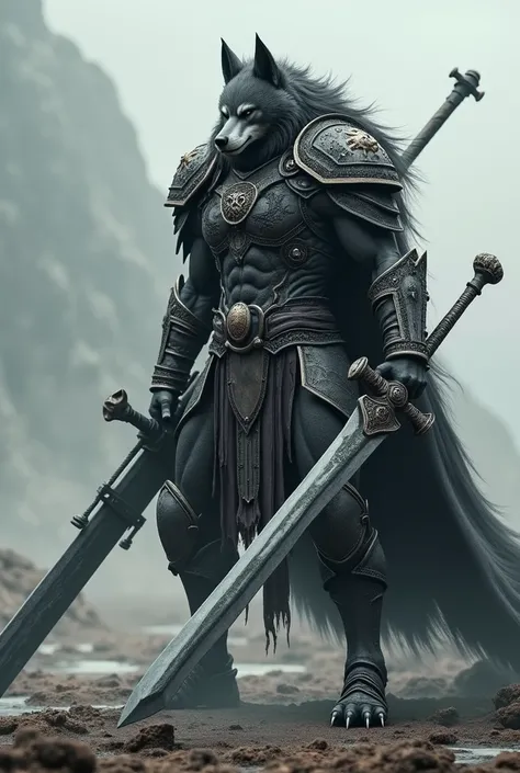  high quality ,  8k Ultra HD, Make a werewolf warrior,  wearing full armor , holding a large sword. He has a straight face , with a void in his face 