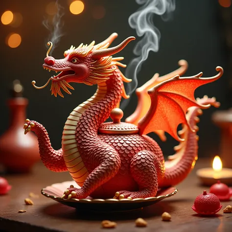 A teapot in the form of a three-headed dragon with shimmering dragon scales shining with magical light, and its wings are slightly spread, glowing as if filled with stardust, steam comes out of its mouth, on a New Years magic table, high detail, cinematic,...