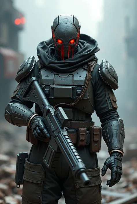 A Northeastern man with a robotic face and two machine guns shooting blood in his eyes with his body armoured 