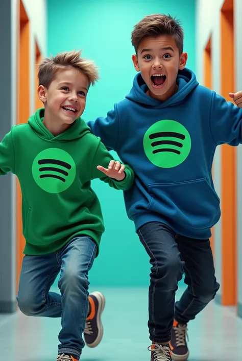 Generate an image of a young boy wearing green Spotify clothing and next to him wearing blue and black Spotify clothing 
