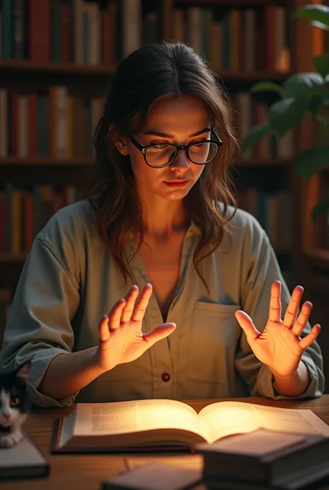 Dans une atmosphère chaleureuse avec des livres partout et un chat à grand poil noi et blanc Une femme de 60 ans brune  cheveux mi long avec une frange des lunettes  fait du magnétisme avec ses mains 