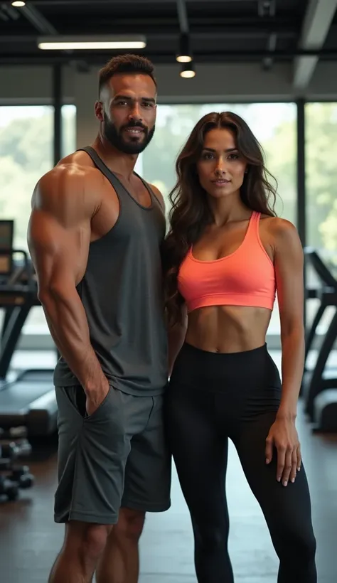 A highly realistic and detailed scene of a Brazilian man and woman in a modern gym. Both have perfectly sculpted but natural-looking physiques, showcasing strength and fitness. The man has a lean, muscular build with a defined chest, toned arms, and a flat...