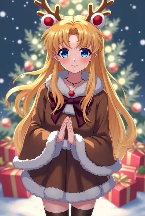 Sailor Moon in reindeer costume with brown and white reindeer shawl , adult woman , blue eyes ,  Yellow hair, The scene is with snow ,  gifts and a Christmas tree with lights,   fanart drawing style 