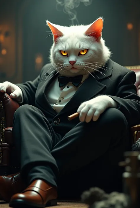 White cat mobster smoking has a scar on his eye
