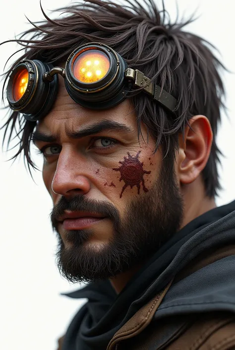 A man, (( photo realism)) a 30-year-old man, unkempt brown hair, Face marked by scars and glowing eyes of curiosity. steampunk style, Victorian style, RPG style, photo realism. 8k, white background png.