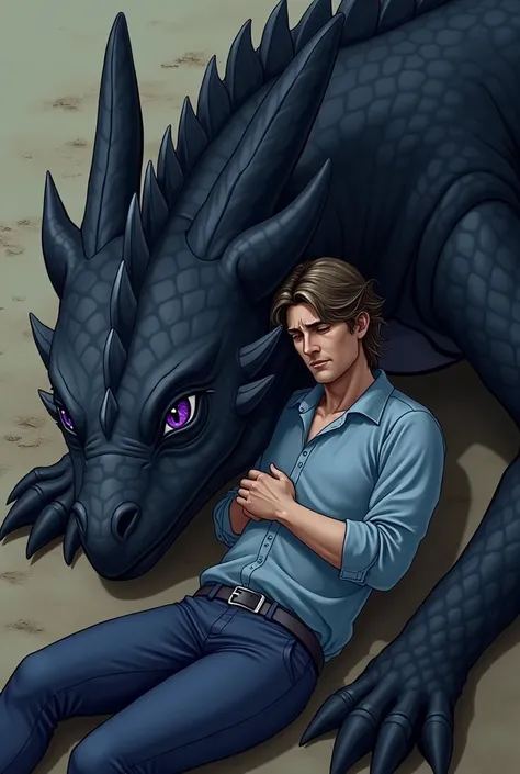 A black dragon, With purple eyes and gray belly , he is unconscious , with his head under the lap of a man ,  who wears a light blue shirt and dark blue pants, The man is sad  