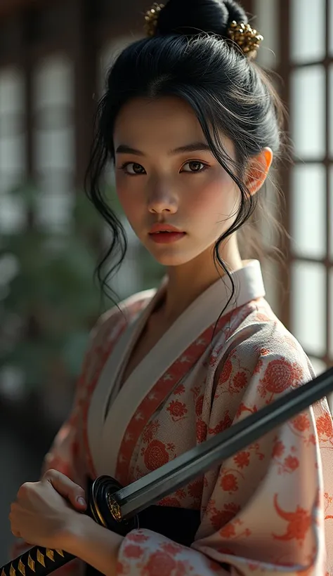  A woman dressed as a samurai、Age 19、Beauty、 uniform、 holding a Japanese sword、