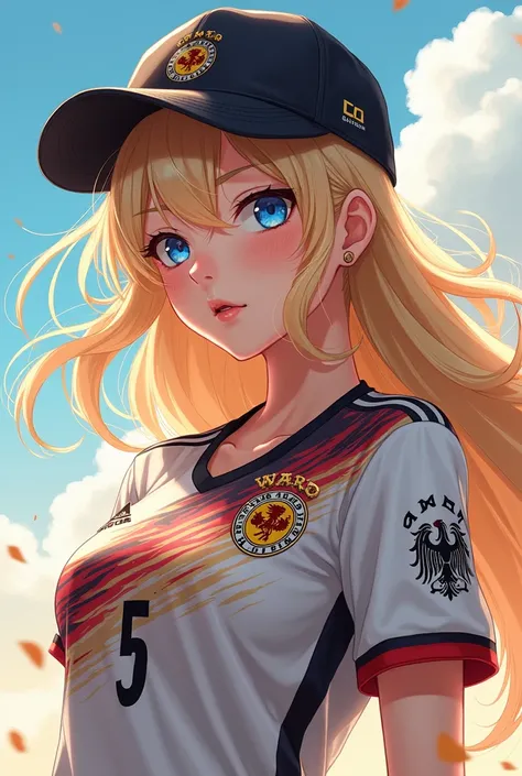  a beautiful German girl in a sports cap that has genzo written, blond hair and blue eyes, wearing the jersey of the German team . anime illustration