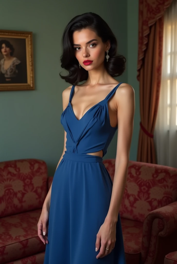 Modern and elegant woman, 22 years old, Bonnie and Clyde style. Empowered, like a modern queen. (A woman with black hair, brown eyes, wearing a blue dress, a flawless face, and red lips.)