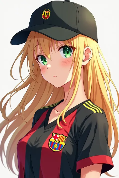  a beautiful German girl in a sports cap wearing the coat of arms of Germany, with blond hair and green eyes , With the Barcelona team jersey. anime illustration