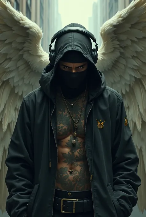 Imagine a young gangster in black hoodie clothes with marijuana prints wearing balaclava and mask with tattoos on his face and headphones with several angels and demons trying to talk to him around him 