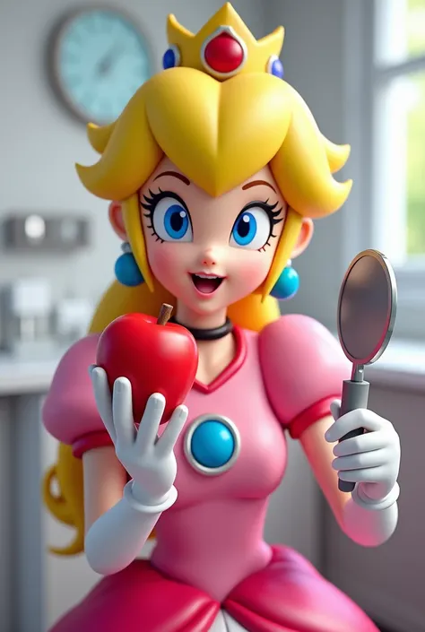 princess peach being a dentist, looking to the camera with no patient, eating an red apple, holding the dental mirror