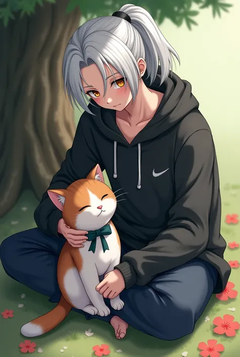 Naruto Anime Style.  A  with silver-white hair ,  gathered in a neat ponytail .  He wears a black hoodie ,  that looks soft and cozy .  Sits on the ground by a tree and strokes a tricolor cat with a bow around his neck, the cat is sitting on his lap .  The...