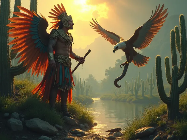  According to Aztec legend , Huitzilopochtli,  the deity of War and the Sun ,  the tribe finally discovered the land of birds of prey on a nopal-covered islet. In the middle of Lake Texcoco {x} ordered the Aztecs to establish a city at the exact location w...