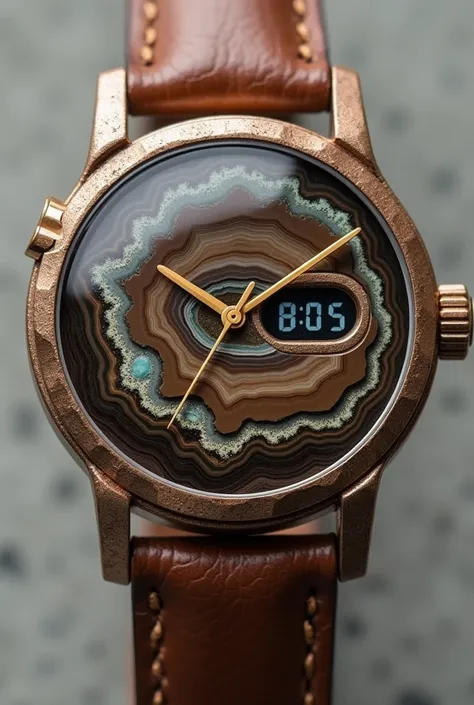 Abstract and rustic Agate stone bracelet watch in case and watch dial , The time will be indicated with digital numbers on a small sale and the rest of the watch will highlight the beauty of the stone and the genuine leather strap with engravings 
