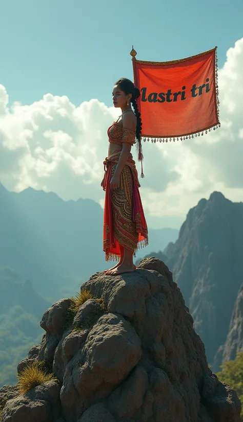 Photo of a beautiful 18 year old girl, big breasts, wearing traditional Javanese clothes, standing on a large rock, carrying a banner that says ((Lastri Tri)), on a rocky mountain peak without plants, the earth is visible above the sky, perfect detail.