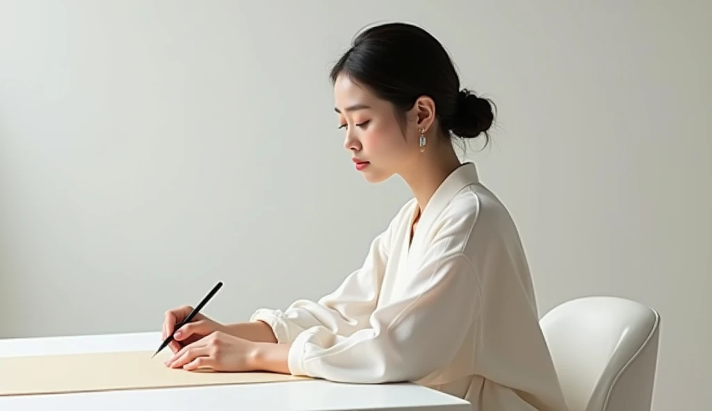 A modern Asian woman ,  hair tied back , top quality,  high resolution,  Im going to sit and draw on a simple background with a blank sheet., Side side shot