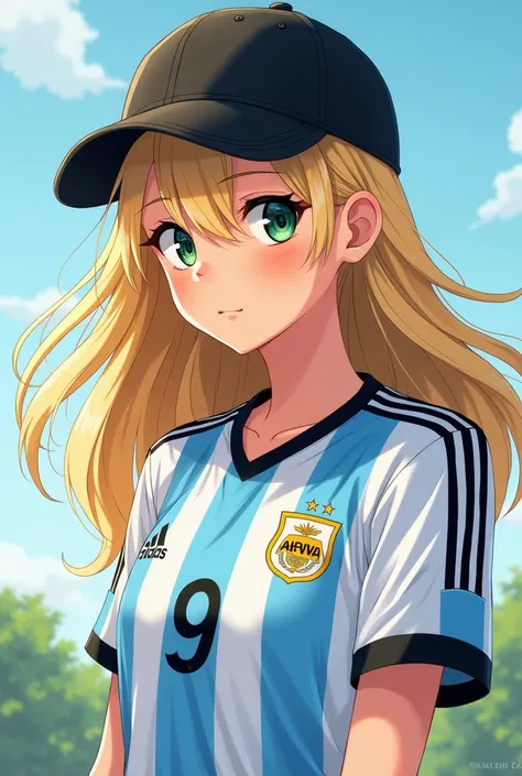 A beautiful German girl in a black sports cap, with blond hair and green eyes , with the Argentina team jersey. anime illustration