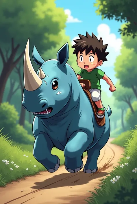 Baby blue rhinoceros with a single horn , Riding by a short boy with short brown hair,  two small locks falling on each side of the face ,  dressed in a green T-shirt and white pants .
Chemin de foret
En pleine course
Cicatrice en croix sur la joue gauche
...