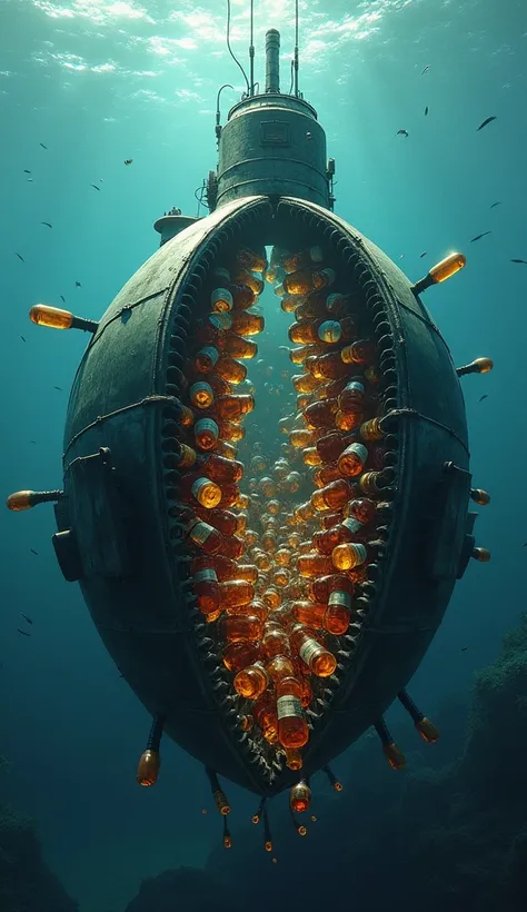 A SUBMARINE CUT IN HALF FILLED WITH WHISKEY BOTTLES