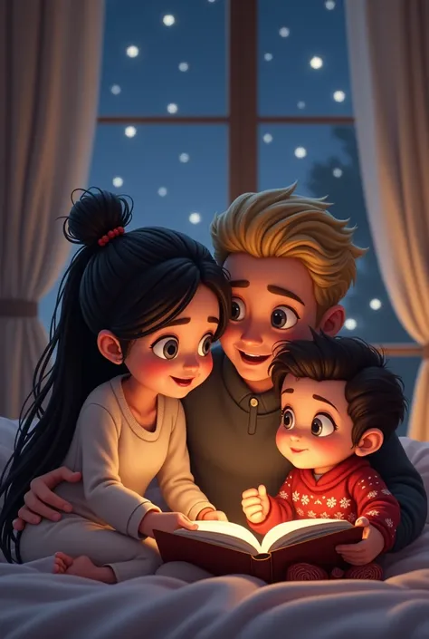 happy father , Mother and a daughter,   girl with long black hair tied in a bun,  gray eyes and Andalusian features with blush and small nose ,  pretty young girl with long black hair tied in a bun ,  brown eyes,  handsome young boy with short blond hair ,...