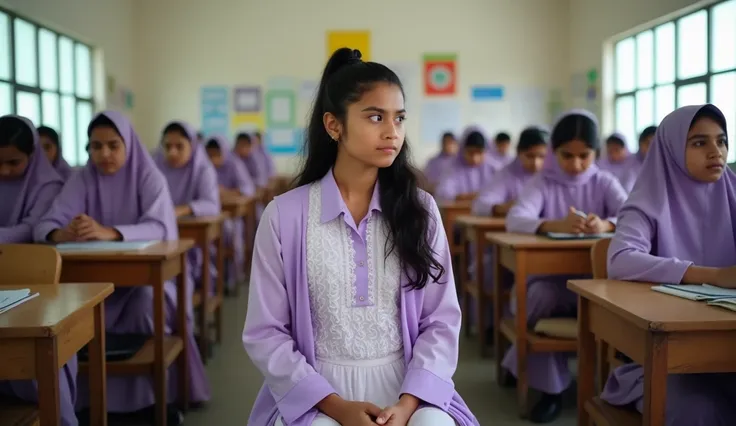 Neela, an 18-year-old Bangladeshi Muslim girl with wavy black hair tied into a loose ponytail, sits in a classroom, her face tense and eyes darting nervously. She is dressed in a light lavender kameez with intricate white embroidery, a white shalwar, and a...