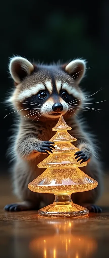 A photo of an extra fluffy baby raccoon holding a decorative perfume bottle shaped like a Christmas tree. The tree is made of multiple layers, each encased in a clear, gem-like casing. The bottle sits atop a base that mirrors its design, with intricate cut...