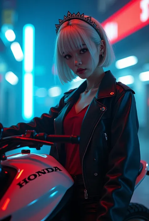 สาวเอเชียอายุ 18 ปี, คนจริง, asian girl 18 years, 
A cinematic portrayal of a striking woman with short, platinum blonde hair styled with a maid-like headdress, set in a dynamic, futuristic environment. She wears a dark leather jacket slightly draped over ...