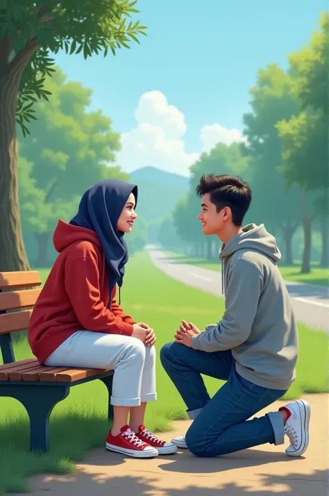 "Realistic romantic of a young couple. A woman indonesia face,25 years old, wearing a hijab wearing a red hoody and white casual trousers, sits on a park bench. In front of her, a man indonesia face,25 years oldwith neat hair wearing a gray hoody and blue ...