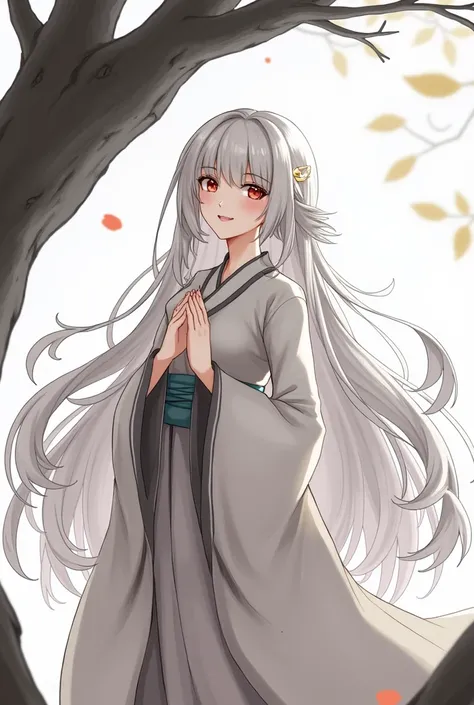   masterpiece ,  best quality, 1 , Alone,  long hair,  looking at the viewer, smile, fringe, hair ornament,  red eyes, long sleeves, dress, standing, collarbone,  white hair, gray hair,  alternative costume , wide sleeves,  tree , Chinese clothes,  hair cl...