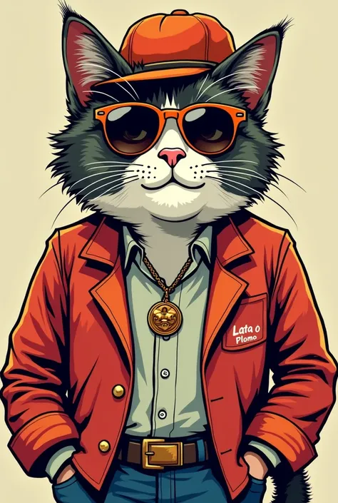 Create a comic-style image of a cat with flat colors, dressed as Pablo Escobar Gavidea. The cat should have a distinctive outfit and accessories reminiscent of pablo Escobar gavidea Include graffiti-style text that reads Lata o Plomo in the image.