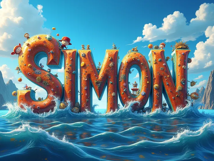 Create a poster extremely detailed with letter-by-letter writing "SIMON" en français et en majuscule. dans un style Disney 4D. LÉCRITURE DOIT ÊTRE BIEN VISIBLE. 
Thème ONE PIECE 