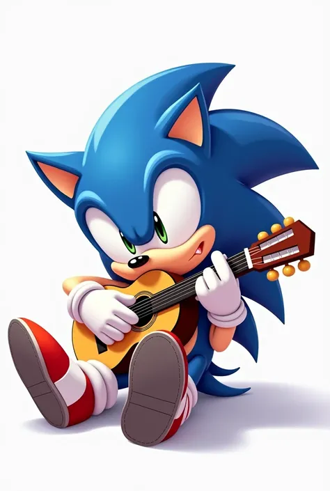 Sonic the Hedgehog, calmly playing an Spanish guitar, no background on the image, he is looking slightly to the right. Make it 2D if you can