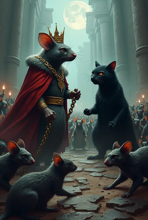  rock album cover about a Mouse King ( a large fat rat with chains and a crown ) against Shadow Cat  (black cat)  and his warring armies
Note :  the king rats army is several mutant rats ,  and the Shadow Cats army are several black warrior cats