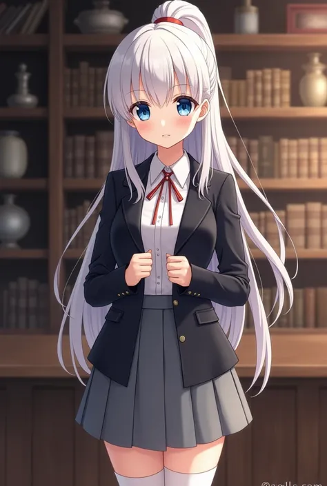  A 16-year-old girl with a delicate yet determined appearance, in a modern anime style, inspired by the isekai genre. She has long, snow-white hair tied in a high ponytail, with a few strands gently framing her face, softening her features. Her eyes are la...