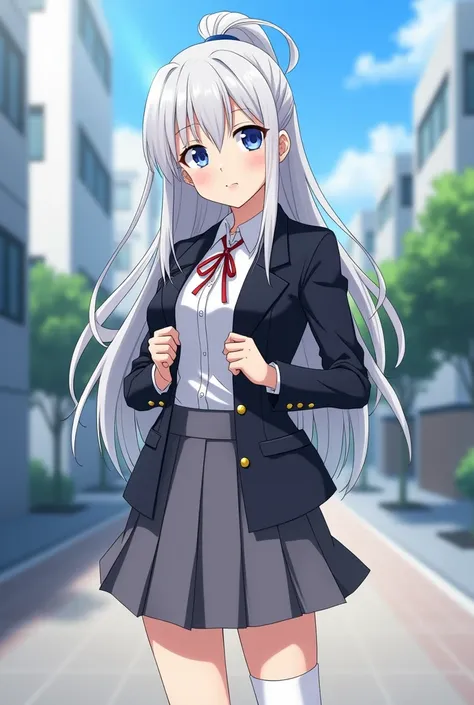  A 16-year-old girl with a delicate yet determined appearance, in a modern anime style inspired by the shonen genre, with more dynamic and bold features. She has long, snow-white hair tied in a high ponytail, with a few strands gently framing her face, sof...