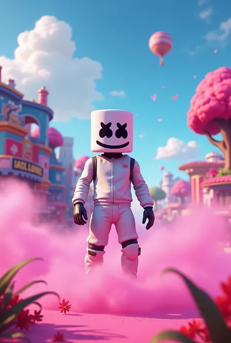 Marshmello with Fortnite background and pink powder 
