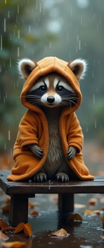 A photo of a cute, extra fluffy baby raccoon-like creature sitting on a wooden bench during heavy rain. The creature is dressed in a warm, orange-brown hooded cloak. Its eyes appear to be glistening due to the rain. The bench is placed on a wet ground, wit...