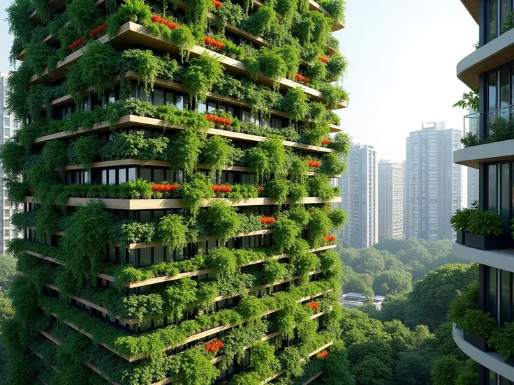 an image of a vertical garden of food crops in an urban environment