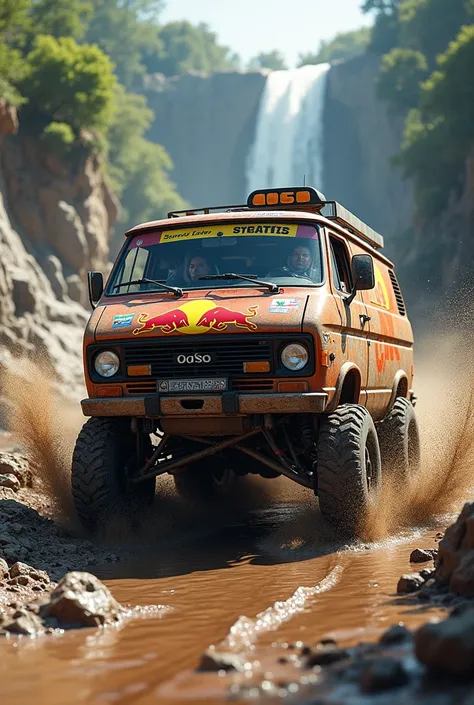 GENERATE A VAN COMPETING IN A RALLY OVER WATERFALLS AND MUD