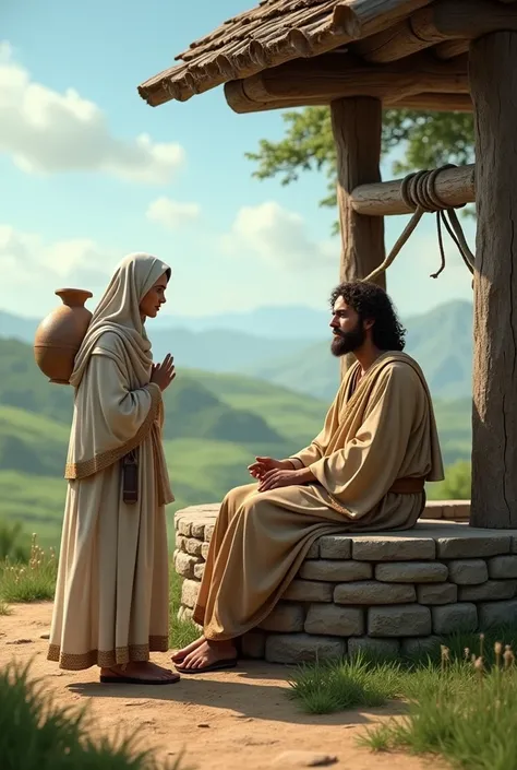 Jesus 4k sitting next to a well and a woman arriving with a jug on her shoulder 