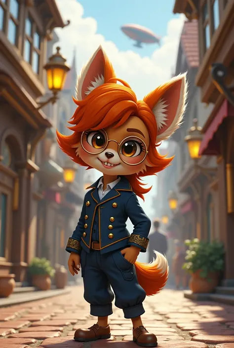 Create a full-body illustration of a very young Yordle girl standing confidently on a cobblestone street in Piltover. The character is short, with light brown, velvety skin that appears soft and plush. She has vibrant orange hair styled in a mix of a moder...