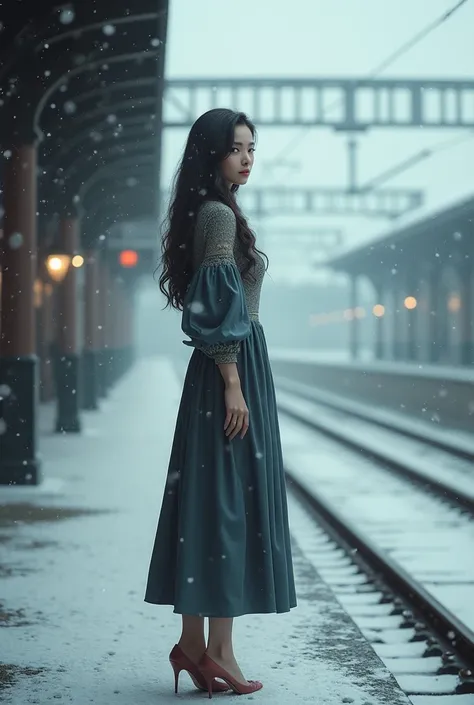 Waiting for a train on the train platform。 The sky is cloudy 、 beautiful woman with long dark hair 　Its snowing a little bit 　 beautiful feet　Full body