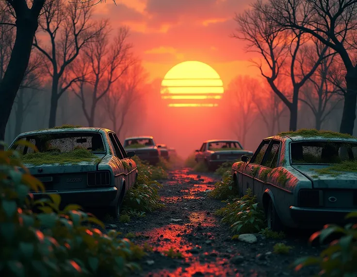  a cover for a film only image without letters , Let it be a clue that moves forward ,  on the right and left sides that has vegetation ,  an apocalyptic environment like cars thrown moss in cars, And let it be a sunset 