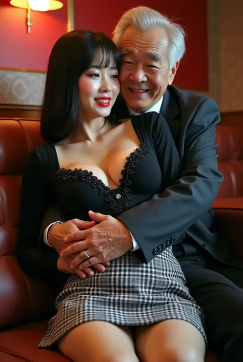 masterpiece , real photo, full body, (((1 korean beautiful young girl and 1 old korean man couple))), {1 korean girl 24-years-old, sitting on american old mans lap, straight black hair, red lips, strikily beautiful, (beautiful_eyes, pretty face, red lips, ...